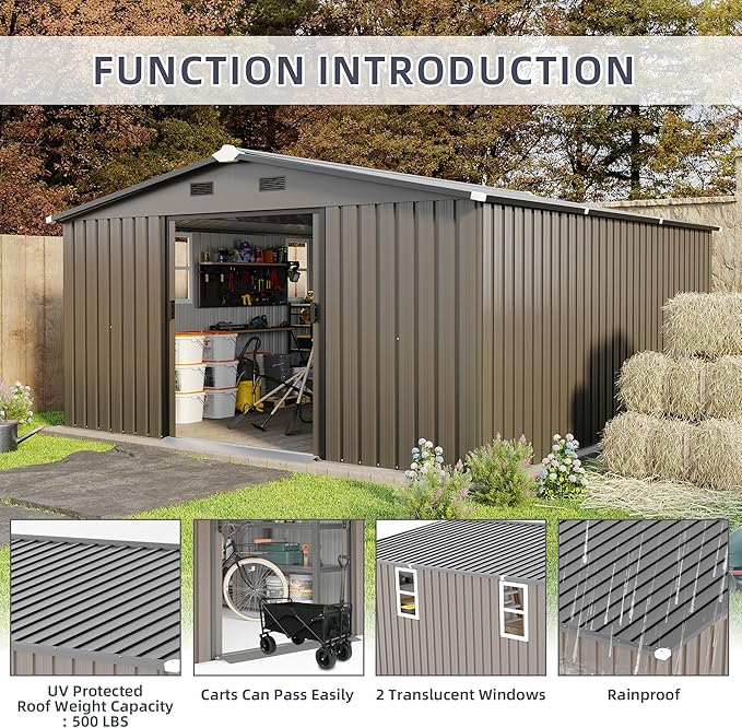 10×12 Ft Metal Shed Outdoor Storage with Two Daylight Windows, 0.25mm Galvanized Steel Metal Garden Shed Waterproof with Lockable Door for Backyard, Patio, Garden，Brown
