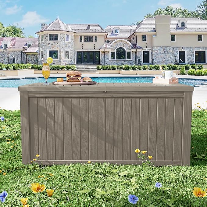 200GAL Brown Industrial - Grade Outdoor Deck Box with Lock Hole - Waterproof, SGS - Certified UV Protection, Built for Commercial Patio and Event Supply Storage, Quick Assembly