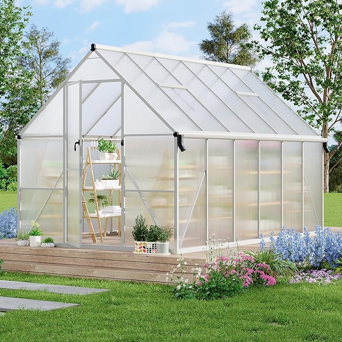 8X12 ft Polycarbonate Greenhouse with Aluminum Frame, Polycarbonate Greenhouse for Outdoors, Greenhouses with Ventilation and Rain Gutter, Aluminum Large Walk-in Greenhouses for Outside
