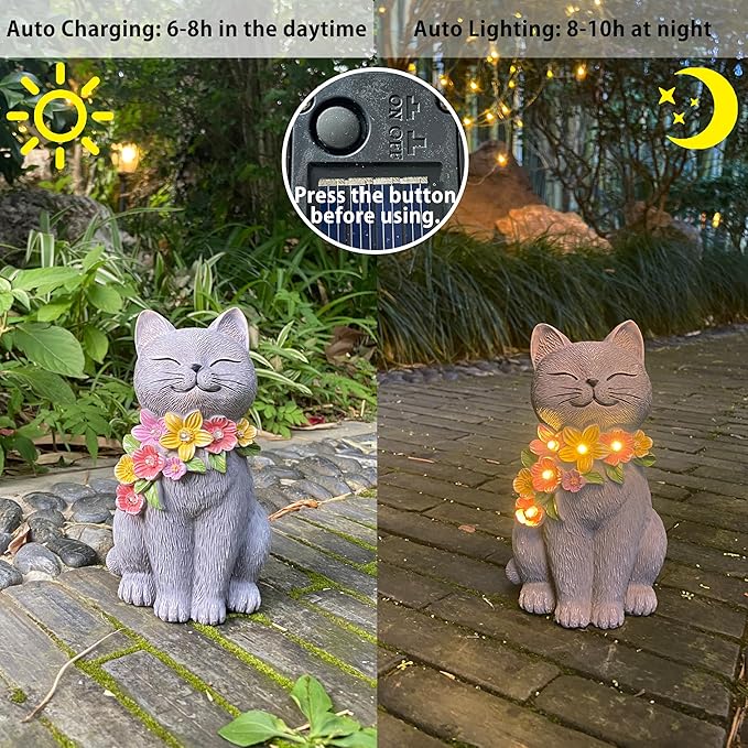Solar Cat Garden Statue for Outdoor Decor, Cat Solar Light with Flowers, Resin Cats Figurine for Garden, Yard, Lawn Decor, Cats Lover Gifts for Women
