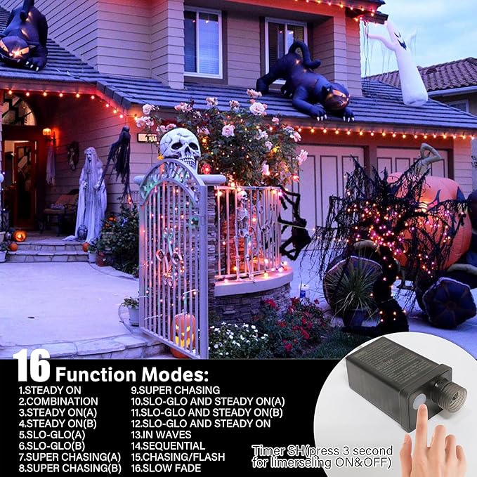 66ft Halloween Decorative Mini Lights, 200 LED Transparent Wire Fairy Starry String Lights Plug in, 12 Lighting Modes, for Halloween Decoration Outdoor Party Decoration (Orange and Purple)