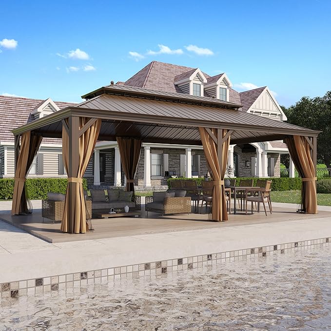 14'x22' Hardtop Gazebo Outdoor Aluminum Patio Gazebo Double Roof Galvanized Steel Canopy with Netting and Curtains for Garden, Backyard, Deck and Lawns