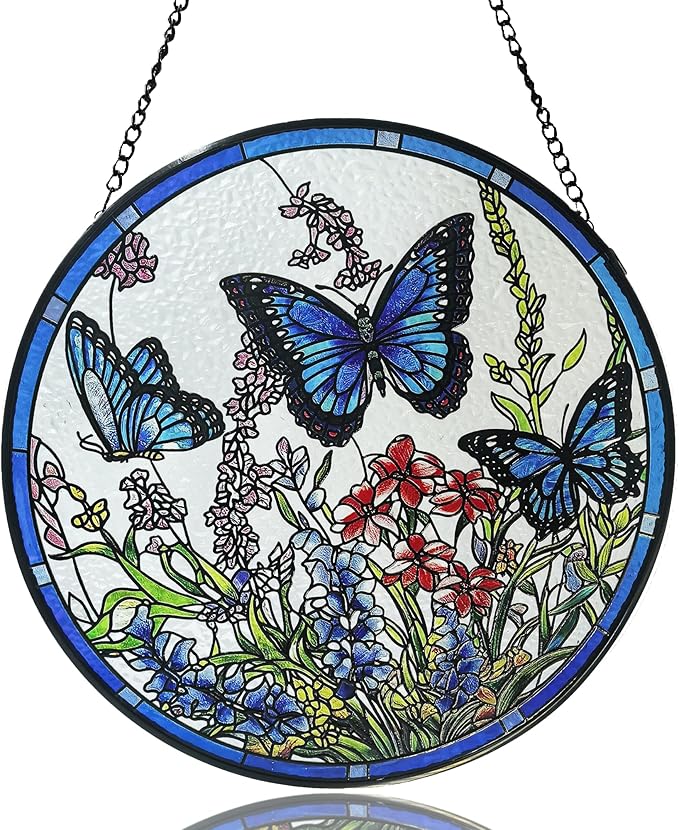 Lager Butterfly Suncatchers for Windows, Butterfly Stained Glass Window Hanging，6.3 inch