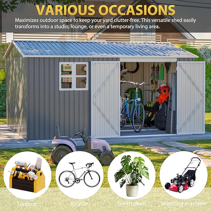 12x10 FT Outdoor Metal Storage Shed, Large Garden Tool Sheds with Lockable Doors, Waterproof Steel Utility Storage Building, Heavy Duty Equipment Shed for Backyard Patio Lawn Garden, Grey