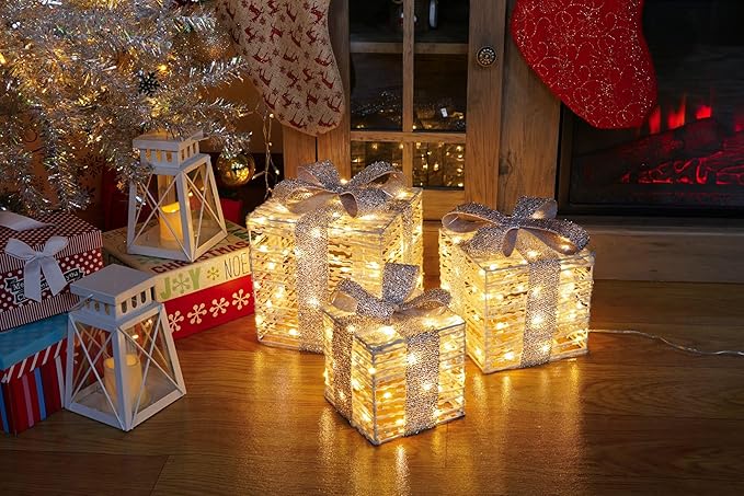 Set of 3 Christmas Lighted Gift Boxes, Plug-in 140 LED Light Up Present Boxes for Christmas Decorations Indoor Home Porch Wedding Holiday Birthday Party (Silver Bow)