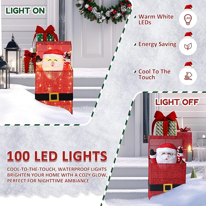 VEIKOU Lighted Christmas Santa Claus Decoration in Gift Box, Electric Santa Claus Christmas Yard Decoration with 100 Warm White LED Lights, 3D Xmas Holiday Ornament for Outdoor and Indoor