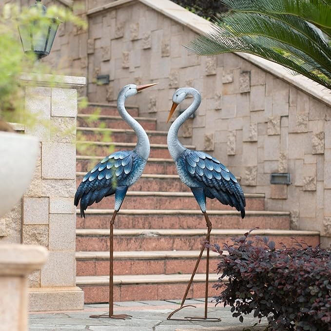 Kircust Outdoor Blue Heron Statues Metal Garden Crane Sculptures, Bird Yard Art Large 47-48 Inch, Set of 2, for Pond & Lawn Garden Decor, Gifts for Women, Men, Friends