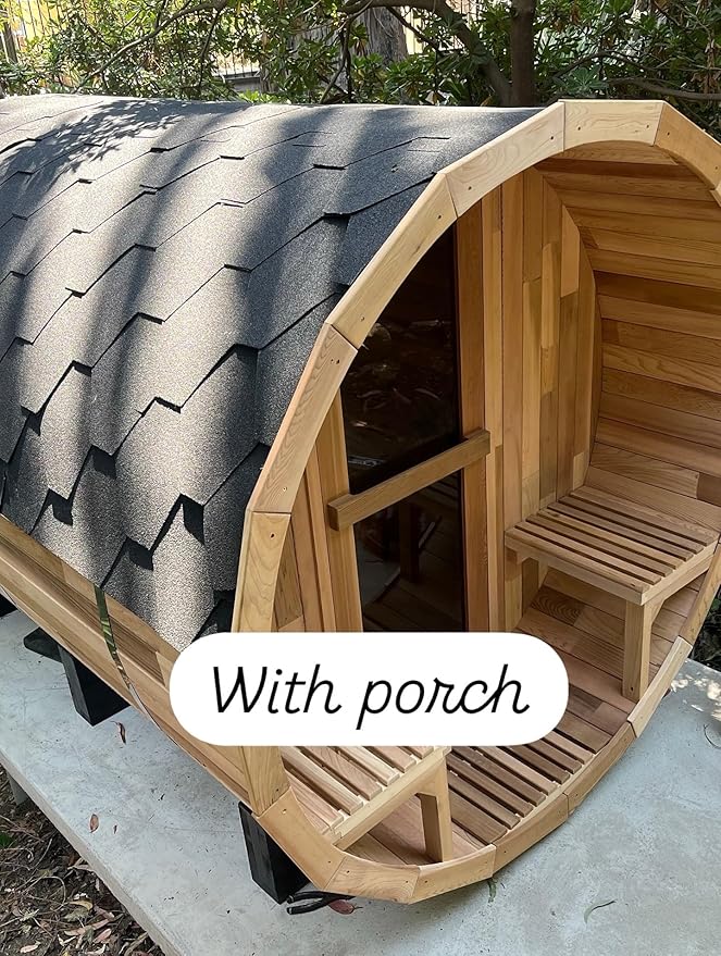 Outdoor Barrel Steam Sauna with Porch, Canadian Red Cedar Sauna 6 Person, 6KW ETL Toule Heater, 220V, Waterproofing System with Saunas Stones, Asphalt Shingles, Rubber Base(0-195℉)