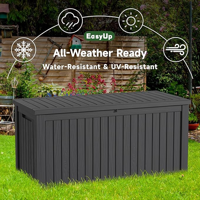 EasyUp 180 Gallon Outdoor Storage Box Waterproof, UV Resistant Resin Deck Box with Hydraulic Rod, Reinforced Stability for Patio, Garden, and Pool, Striped Black