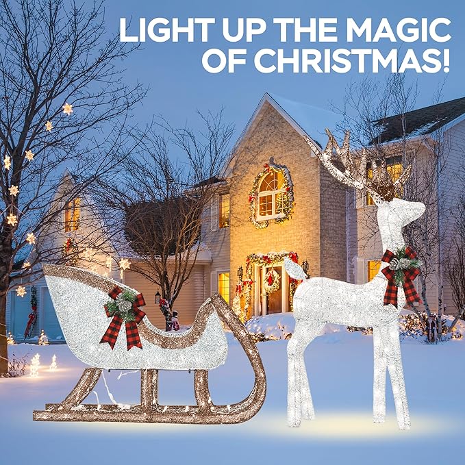 Outdoor Lighted Reindeer with Sleigh Christmas Decors, 3D Deer & Santa Sleigh Holiday Yard Decorations with 170 Warm White LEDs, Garden, Lawn Winter Displays, 2-Piece Set, Silver & Brwon