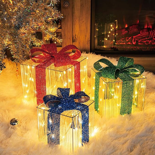 Set of 3 Christmas Lighted Gift Boxes, 140 LED Light Up Present Boxes for Christmas Decorations Indoor Outdoor Yard Xmas Tree Holiday Party Lawn Porch Home Decor (3 Colored Bow)