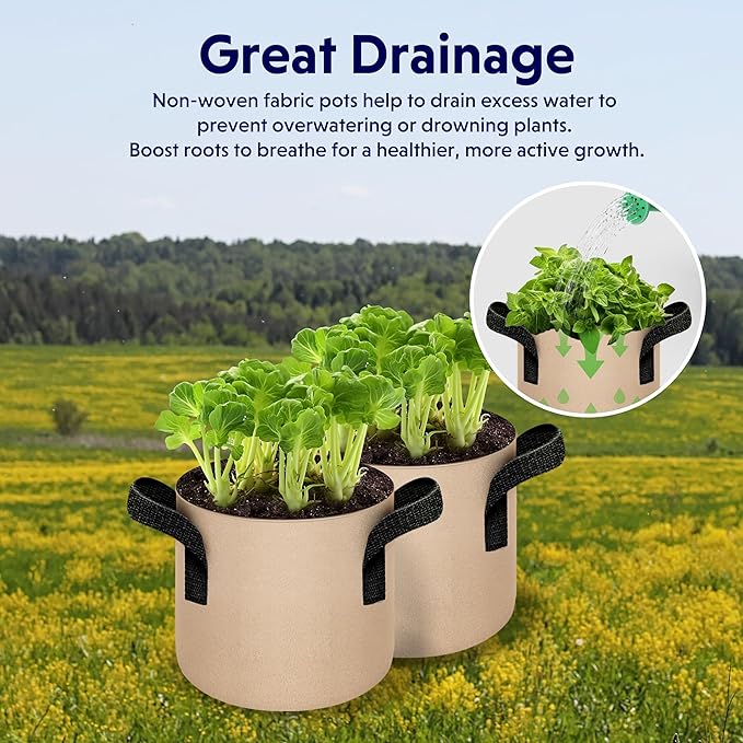 iPower 5 Pack 2 Gallon Grow Bags Heavy Duty 300G Thickened Nonwoven Fabric Plant Pots with 5 Labels & Handles for Outdoor Garden, Aeration Planter Bags for Fruits, Vegetables, Tomato & Flowers, Tan