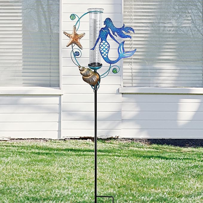 JOYbee Mermaid Solar Powered Rain Gauge Garden Stake,Metal Mermaid Stake with Replacement 7" Capacity Glass Tube, LED Lights Glass Tube (Solar Rain Gauge),Decoration for Yard Lawn Outside
