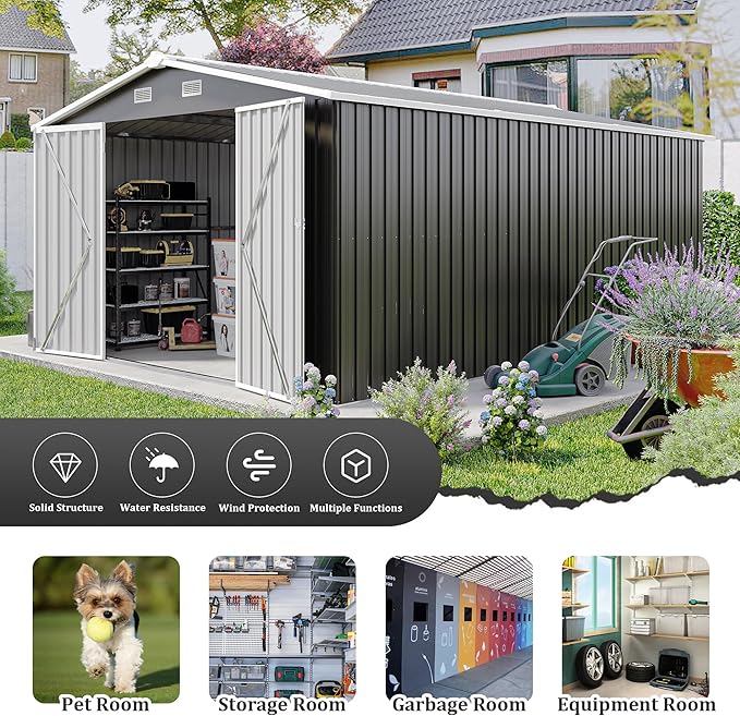 10x14 FT Outdoor Storage Shed, Metal Shed with Floor, Lockable Door & Vents, All-Weather Resin Shed for Garden, Backyard, Patio, Lawn, Dark Gray
