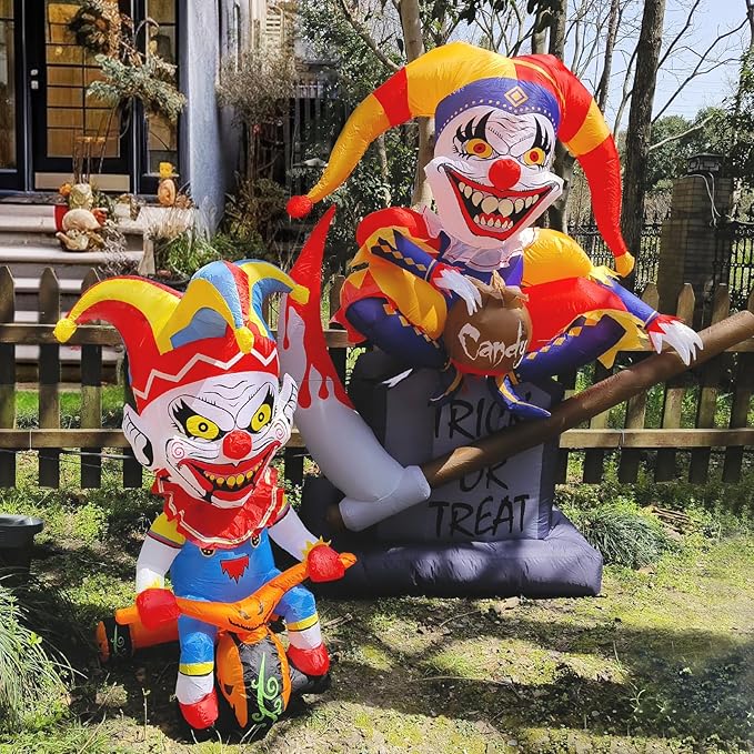 WBHome 5 Ft Halloween Inflatable Outdoor Clown Bicycle Decorations, Day of The Dead Blow Up Yard Decor with Built-in LED Light (Plug in) for Lawn Home Dia de Los Muertos Party Indoor Outdoor