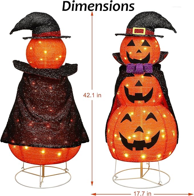 Lulu Home 3.5FT Light Up Halloween Decoration, 60 LED Collapsible Stacked Pumpkins with Vampire Cloak, Plug-in Pre-lit Jack-O-Lantern Front Door Porch Indoor Outdoor Decoration