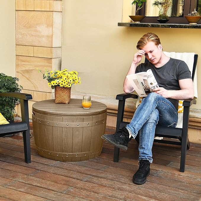 YITAHOME 33 Gallon Round Deck Box, Outdoor Storage Box for Patio Furniture,Patio Table for Cushion, Pool Accessories, Waterproof Resin & Easy Assembly & Lightweight, Light Brown