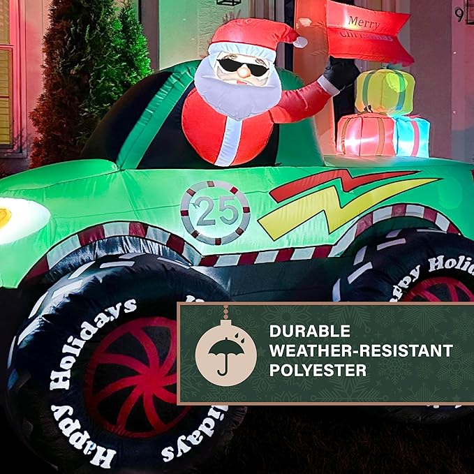 Fraser Hill Farm 6-Ft. Tall Santa in Monster Truck Blow Up Inflatable with Lights, Outdoor Christmas Inflatable Decoration for Lawn and Yard, Giant Festive Holiday Decor