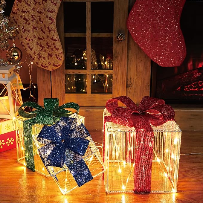 Set of 3 Christmas Lighted Gift Boxes, 140 LED Light Up Present Boxes for Christmas Decorations Indoor Outdoor Yard Xmas Tree Holiday Party Lawn Porch Home Decor (3 Colored Bow)