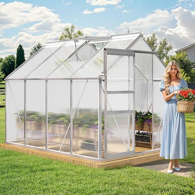 YITAHOME 6x8FT Polycarbonate Greenhouse Heavy Duty Green Houses Outdoor Aluminum Greenhouses with Sliding Doors Vent Window Walk-in Greenhouse Large Sun House for Garden Backyard, Matte Silver