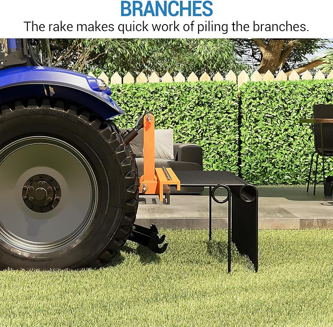 72" Durable Powder Coated, Steel Pine Grass Rake, Steel Spring Landscape Rake, Cat 0 Cat 1 Attaches to Tractor, 3-Point Hitch, Black + Orange