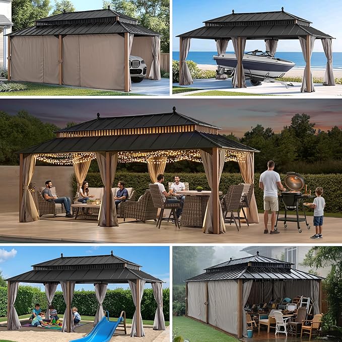 SUNJOY Kingston 20' x 12' Hardtop Gazebo with Galvanized Steel Double Roof, Curtain and Netting, Woodgrain Finish Aluminum Posts Permanent Pavilion Gazebo for Garden, Patio, Deck, Lawn