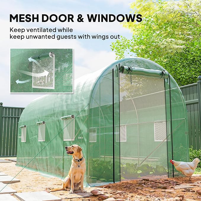 Outsunny 14.6'x6.5'x6.6' Hoop House Greenhouse with 2 Support Rods, Zippered Roll-up Mesh Door, Mesh Windows, Walk-in Tunnel Greenhouse with PE Cover, Galvanized Steel Frame, Outdoor Garden, Green