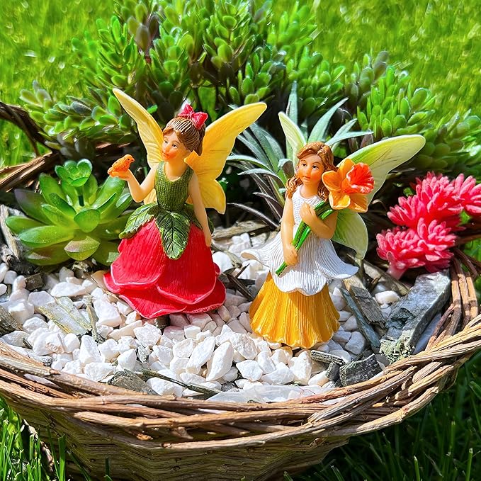 Mood Lab Fairy Garden - Miniature Fairy Figurines - Flower Girls Set of 2 pcs - Narcissus & Rose Fairies Accessories Statue Kit