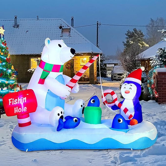 Joiedomi 6 FT Long Christmas Inflatable Penguin & Polar Bear Decoration, Blow Up Yard Decoration Fishing Hole Sign with Build-in LEDs for Christmas Party Indoor Outdoor Yard Garden Lawn Decorations