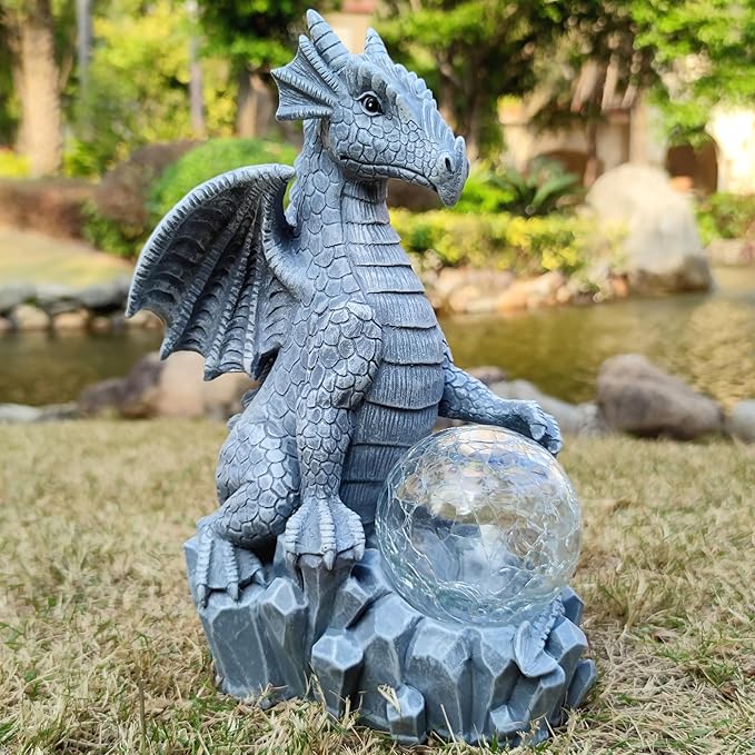 Solar Dragon Garden Statues Outdoor Decor, Resin Dragon Figurine with Solar Crackle Globe LED Lights Lawn Patio Balcony Art Decoration,Housewarming Gifts and Yard Ornament