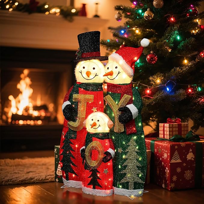 LuxenHome 3FT Lighted Snowman Family Outdoor Decoration, Prelit Joy Snowman with Hat and Scarf, Illuminated Christmas Decorations Indoor and Outdoor for Porch, Lawn, Xmas Holiday Yard Decor