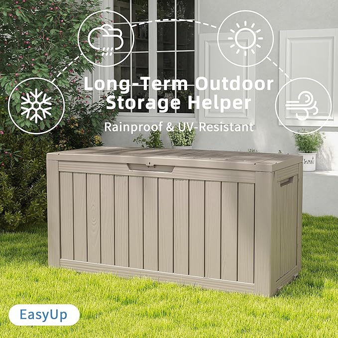 EasyUp 90 Gallon Outdoor Storage Box, Resin Waterproof UV-Resistant Deck Box, Reinforced Stability for Patio, Garden, and Poolside, Striped Gray