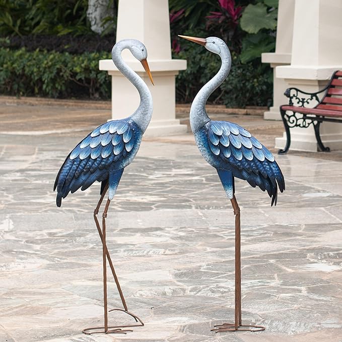 Kircust Outdoor Blue Heron Statues Metal Garden Crane Sculptures, Bird Yard Art Large 47-48 Inch, Set of 2, for Pond & Lawn Garden Decor, Gifts for Women, Men, Friends