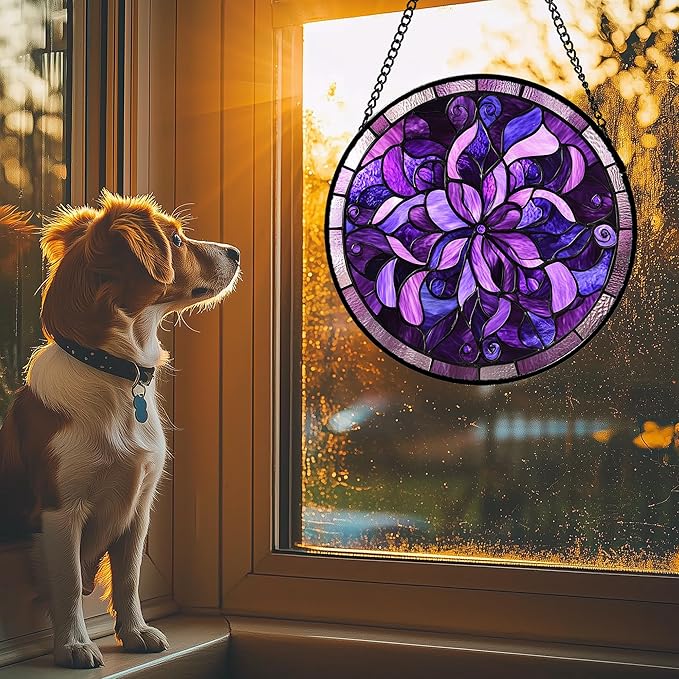 Stained Glass Window Hanging - Purple Abstract Flower Suncatcher for Door Garden Patio Sun Catchers Decor Christmas Mother's Day Birthday Gifts for Women Men Mom Nana Aunt Friend 11.8 in