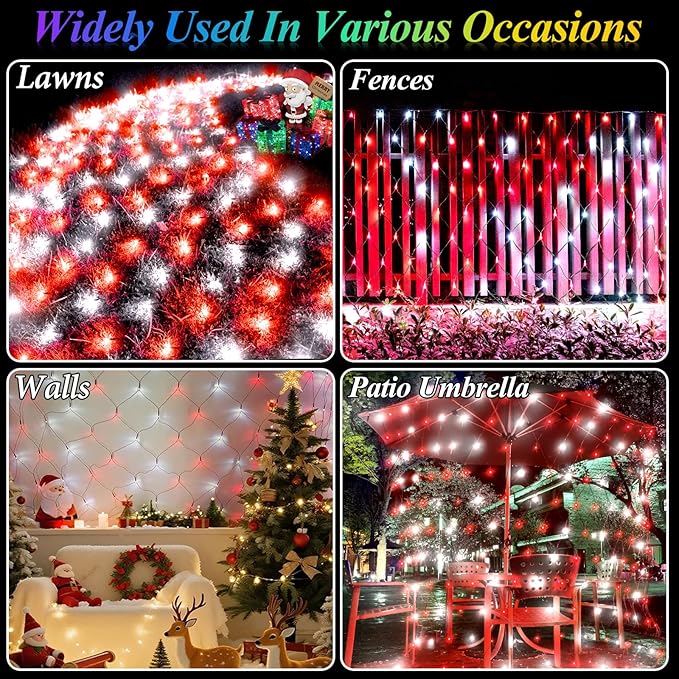 Red White Net Lights Christmas Decorations, 21ft x 5ft 360LED Mesh Lights Outdoor Green Wire 8 Modes Timer, Waterproof Connectable String Lights for Bushes Xmas Tree Garden Holiday Party