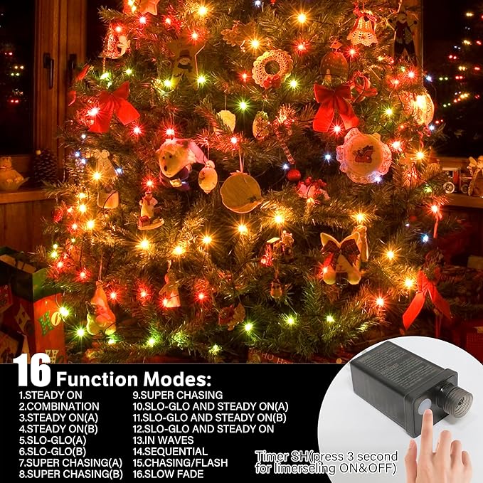 33ft Christmas Decorative Mini Lights, 100 LED Transparent Wire Fairy Starry String Lights Plug in, 12 Lighting Modes, for Indoor Outdoor Xmas Tree Wedding Party Decoration (Warm+Multicolor)