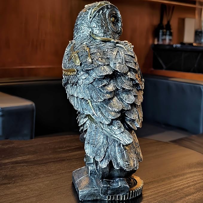 Steampunk Owl Statue 11.6'' H Metallic Silver and Gold Gothic Collectible Animal Figurine Wisdom Gift Owl Sculpture for Home Office Decoration Living Room Tabletop Mantel