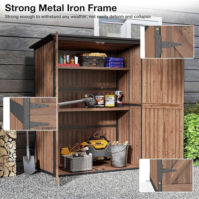 Outdoor Storage Shed with Floor, Waterproof Storage Cabinet with Metal Frame, Adjustable Shelves, Garden Shed for Backyard Garden Patio Lawn - Dark Brown
