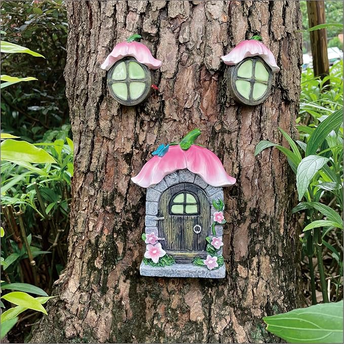 Fairy Garden Door and Windows for Trees,Resin Fairy House Kit,Glowing in The Dark,Miniature Accessories for Tree Stump, Outdoor Yard, Lawn, and Garden Decor.