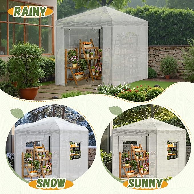Devoko Walk-in Greenhouse, Portable Pop-in Green House with Zippered Door and 2 Roll-up Windows and PE Cover, Portable and Easy Assemble (White, 8x6 Feet)