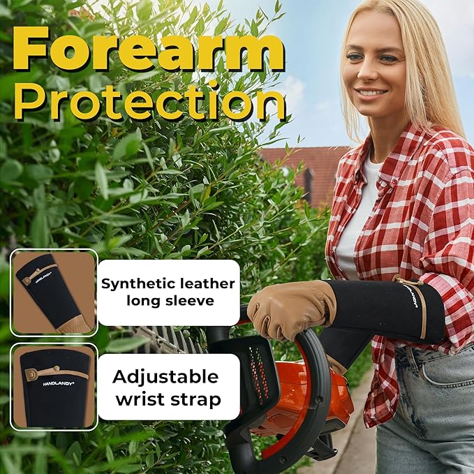 HANDLANDY Long Gardening Gloves for Men & Women, Cowhide Leather Rose Pruning Gloves, Breathable Thorn Proof Gauntlet Glove (Brown-Cowhide, S)