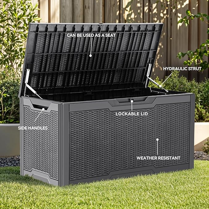 YITAHOME 100 Gallon Resin Deck Box, Weather Resistant Outdoor Storage Box, Lockable Indoor Outdoor Storage for Supplies and Essentials, Dark Gray