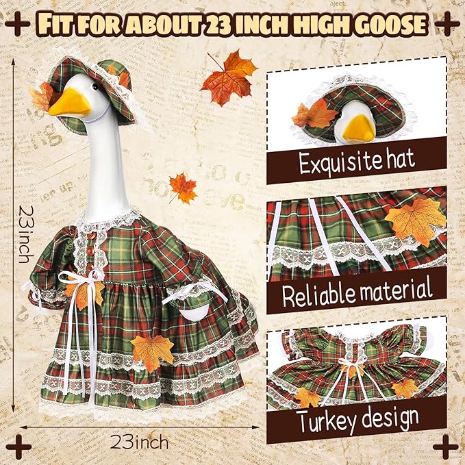Suzile Fall Porch Goose Outfit Autumn Clothes for 23" High Cement or Plastic Goose Costume Plaid Dresses for Yard Lawn Outdoor Garden Patio Statue Thanksgiving Day Xmas Holiday Decor