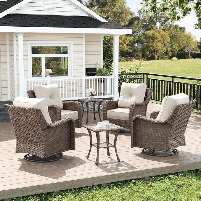 LayinSun 6 Piece Wicker Outdoor Furniture Set with 6-inch Comfy Cushions, High Back Patio Furniture Set with Swivel Rocking Chairs and Side Table