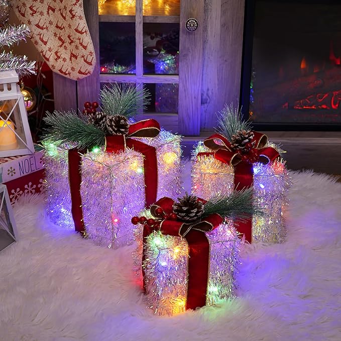 Set of 3 Christmas Lighted Gift Boxes, 60 LED Light Up Present Boxes for Christmas Decorations Indoor Outdoor Yard Xmas Tree Holiday Party Lawn Porch Home Decor(Multicolor)
