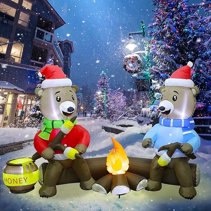 Joliyoou 7FT Christmas Inflatable Decorations, Light Up Sitting Bears Roasting Marshmallows Over Campfire, Xmas Lighted Blowups for Winter Yard Lawn Garden Indoor Outdoor Decor