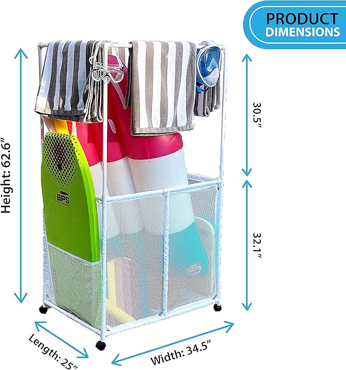 Essentially Yours Pool Equipment Holder with Towel Drying Bars, Mesh Rolling Pool Storage Organizer Bin, Extra Large with Towel Hanger, (34.5" W x 25" L x 62.6" H), White Style 418566