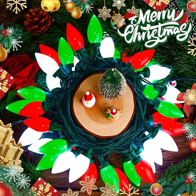 HAYATA C9 Big Bulbs Classic Christmas Lights 50 LED 32ft Strawberry String Light - Outdoor, Indoor, Garden, Yard, Party, Home, Wreath, Garland,Tree (Red White Green - 50LED)