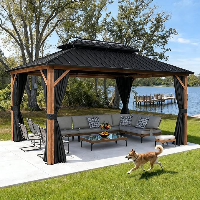 PURPLE LEAF 10' X 14' Hardtop Gazebo Outdoor Wood Grain Aluminum Frame Galvanized Steel Double Roof Gazebos with Netting and Curtains for Patio Deck Backyard Garden