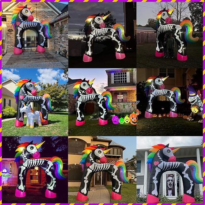 11 Ft Giant Halloween Inflatables Unicorn Arch Decorations Archway Rainbow Skeleton Decor Built in LED Lights Blower Horse Pegasus Carnival Holiday Outdoor Yard Lawn Home Party